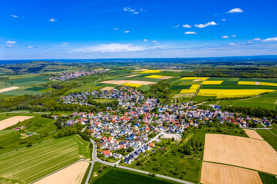 Aerial view of rape fields and cornfields near Usingen and Schwalbach, Hesse, Germany