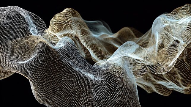 Abstract metallic mesh waves flowing through dark space with three dimensional metallic black background intricate waveform glowing with intricate light patterns