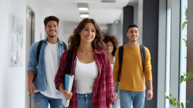 Group of happy college students walking in corridor, carrying books and backpacks, smiling and looking confident. Modern academic environment, education and youth concept.