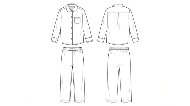 Pajama Set Technical Fashion Illustration, Shirt and Pants Flat Sketch