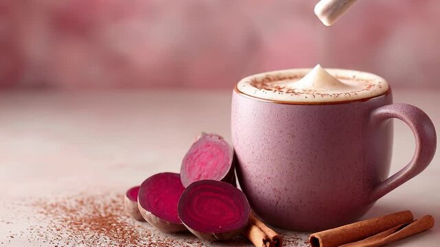 Steamy cinnamon beetroot latte with frothy cream art in a ceramic mug