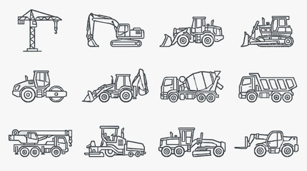 Elegant Monochrome Line Drawing Set of Twelve Construction Machinery Icons for Projects and Presentations © Rizki
