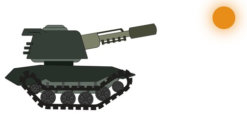 Stylized green military tank with a turret and tracks, positioned next to a glowing orange sun on a white background. © Surjomukhi