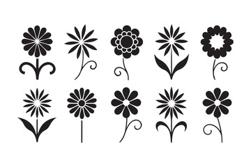 Fototapeta premium Black and White Floral Illustrations with Various Flower Styles on Transparent Background
