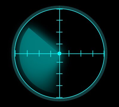 Cyan radar scope with targeting crosshairs and sector sweep.