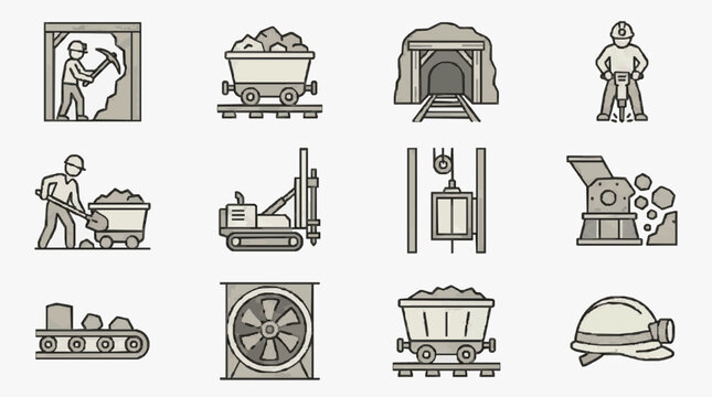 Elegant Monochrome of Mining Process and Equipment with Workers in Action with high quality professional line art symbols for modern creative design and digital branding projects