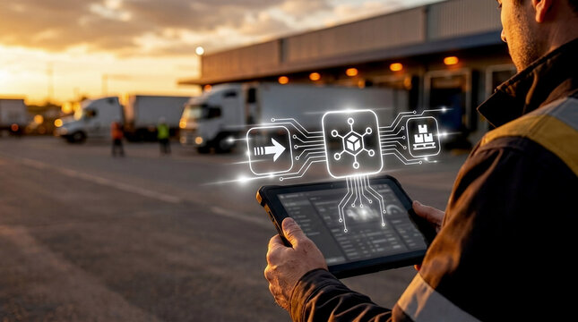 Close-up photo of worker hands holding digital tablet for cross docking control on Supply chain optimization logistics tech hub with transport trucks at sunset