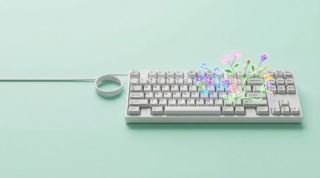 Minimalist white keyboard with glowing digital flowers blooming on mint background representing creative writing and digital growth