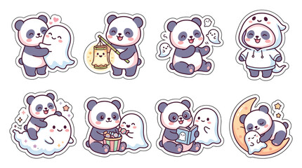 Set of cute panda bear stickers with friendly ghosts in various activities and poses. © Hambamu