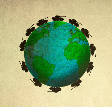 Illustration of tanks circling planet Earth