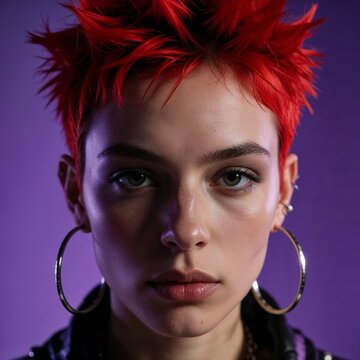  close up cinematic portrait of a woman with short spiked red hair and large hoop earrings