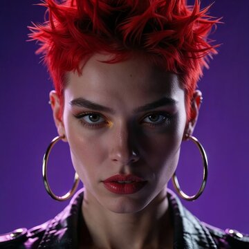  close up cinematic portrait of a woman with short spiked red hair and large hoop earrings