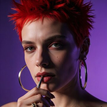  close up cinematic portrait of a woman with short spiked red hair and large hoop earrings