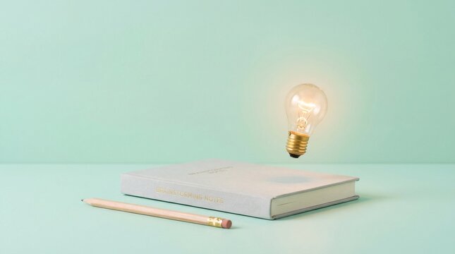Glowing light bulb floating over a notebook with pencil on a pastel background representing creative ideas and minimalist workplace concept