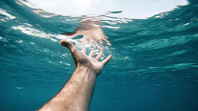 Submerged point of view shot of a man's hand desperately reaching towards the surface for help, symbolizing drowning, danger, and the struggle for survival in the deep blue ocean