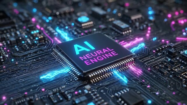 Central processing unit with glowing ai neural engine text activating a futuristic motherboard with pulsing light, representing machine learning and artificial intelligence technology