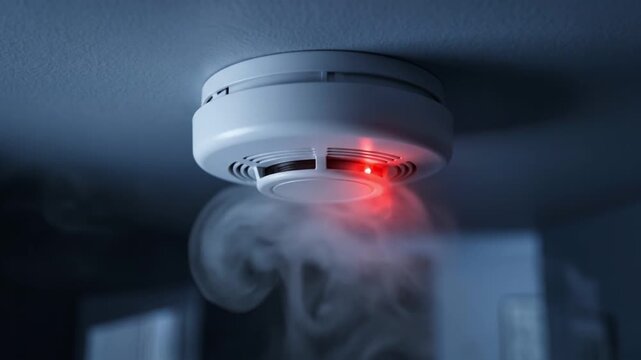 Red flashing light on a residential smoke detector mounted on a ceiling as thick smoke rises, signaling an emergency fire hazard and activating the home security alert system