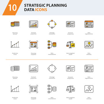 Strategic Planning Data Outline Line Icons for Forecasting, Business Intelligence and Analytics Dashboards