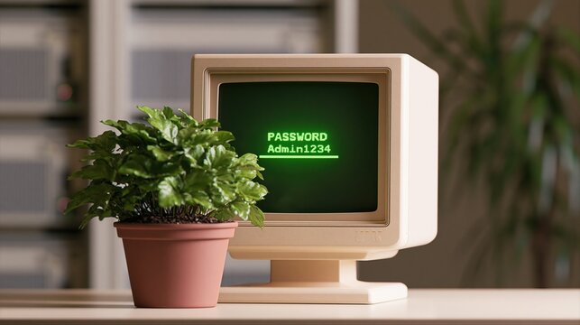 Retro computer screen password prompt with admin text display green light on monitor