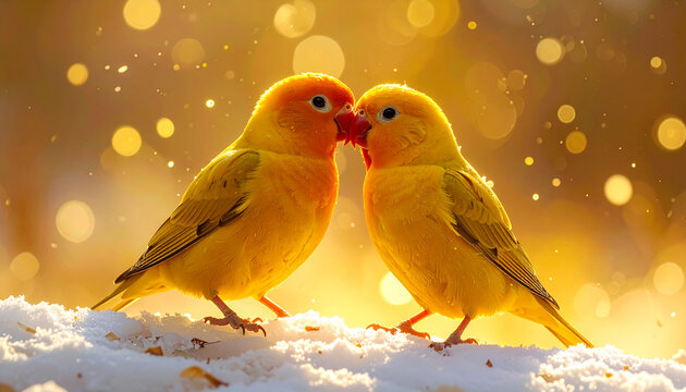 Two yellow birds sharing a moment against a soft background of light