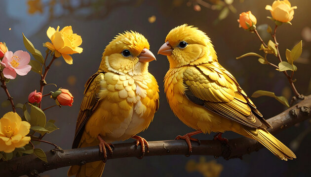 Two yellow birds perched on a branch surrounded by flowers and foliage