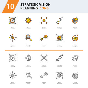 Strategic Vision Planning Outline Line Icons for SaaS Dashboard and Business Goal Management