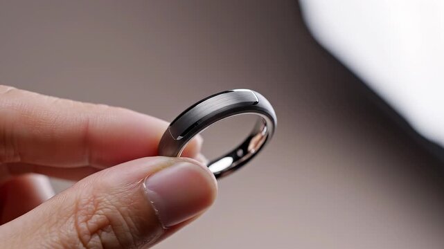 Close up of a person holding a smart ring on their finger.