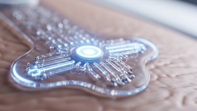 Futuristic wearable biosensor activating with a glowing blue light on human skin, representing advanced medical technology, health monitoring, biohacking, and transparent flexible electronics