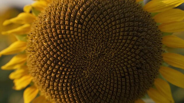 Golden light from the setting sun gently illuminates the intricate details of a ripe sunflower, highlighting the fibonacci spiral pattern of its seeds and its bright yellow petals