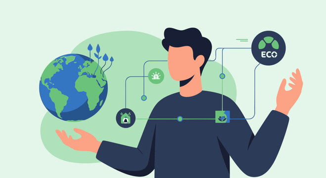 Man connects earth with eco-friendly technology and sustainability concepts