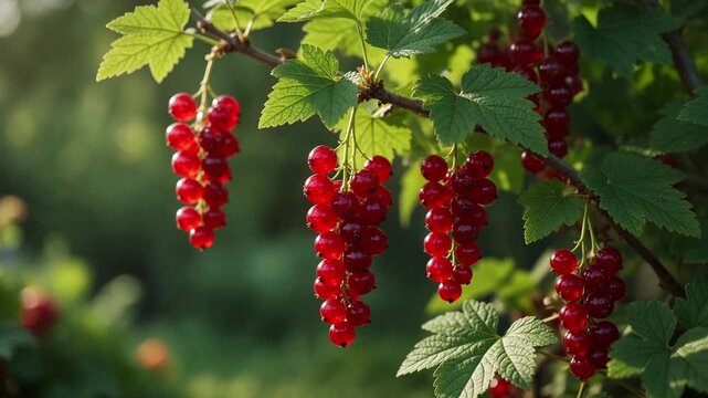 Fresh bunches of ripe redcurrants hanging on a green branch in a summer garden. The berries gently sway in the wind, illuminated by the warm sunlight, highlighting their vibrant color