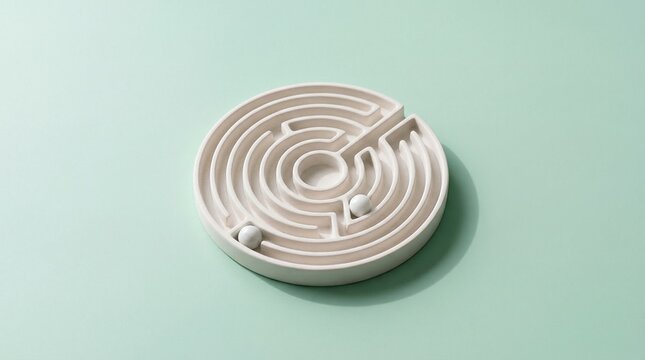 Round Maze Game with Two White Spheres on a Minimalist Pastel Green Background Representing Strategic Problem Solving and Planning
