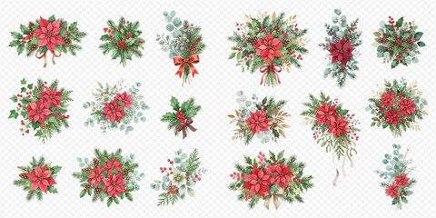 Set of watercolor Christmas bouquets with poinsettia, spruce branches, berries, and eucalyptus leaves, perfect for holiday decoration. © Ytaja
