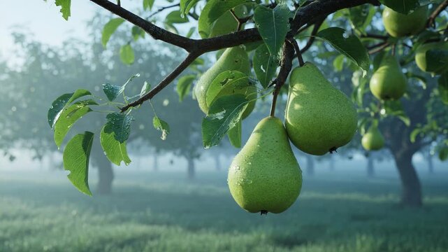 Juicy green pears with morning dew drops hanging from a branch in a beautiful orchard on a misty morning. The fresh fruit is ready for harvest in a serene and natural agricultural setting