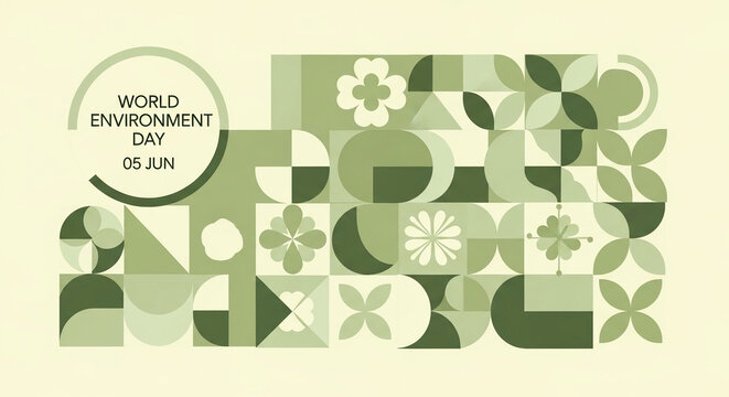 World Environment Day graphic with geometric pattern and nature motifs, representing environmental awareness and sustainability, perfect for campaigns.