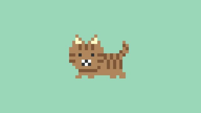 Pixel Art Brown Tabby Cat Walk Cycle Animation, Green Background, Loop