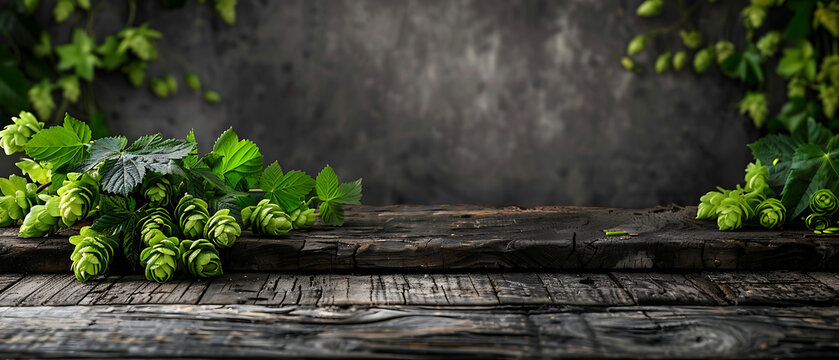 Close-up of fresh green hops on dark rustic wooden table, strong texture and blurred background copy space, for craft beer brewing process displays and premium pub promo banners