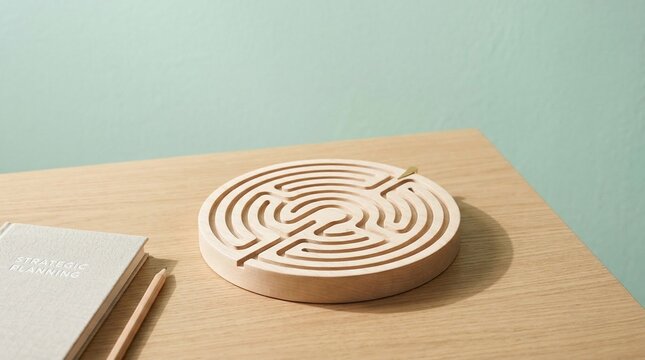 Wooden Circular Labyrinth Puzzle on Desk next to Strategic Planning Notebook and Pencil