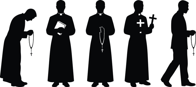 Silhouette illustration of religious clergy figures holding rosary book and cross representing Christian faith devotion worship and spirituality