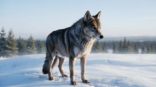 Single gray wolf standing proudly on a snow covered hill during a sunny winter day, with a beautiful cold forest landscape in the background and wind blowing snow across the ground