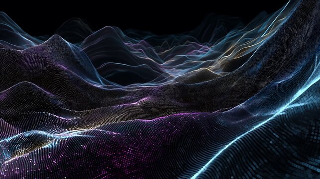 Abstract digital landscape composed of glowing particles forming multidimensional wavy terrain structures in dark space with constructed thousands shimmering