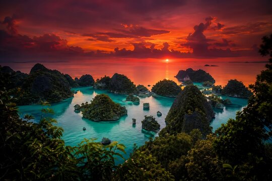 Sunset Over Karst Limestone Islands and Turquoise Lagoon, Raja Ampat Aerial Viewpoint, West Papua Indonesia