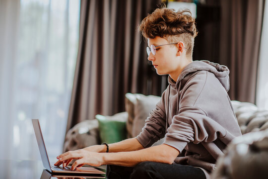 Teenage student studying through laptop at home