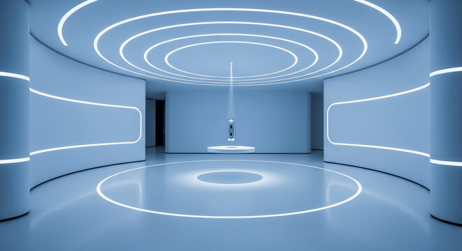 Futuristic interior with glowing circular lights on walls and ceiling, a central podium showcasing an object, suggesting innovation and modern design.