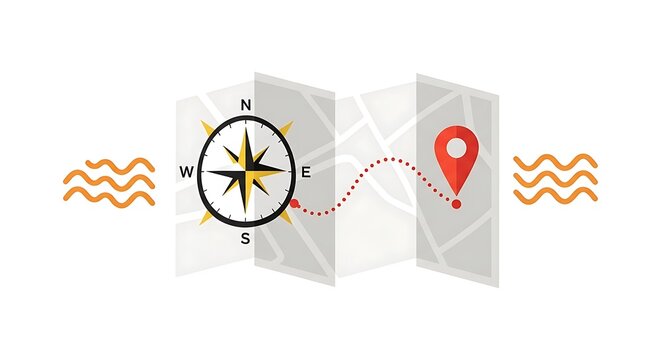 A folded map with a compass and destination marker, framed by waves, indicating direction