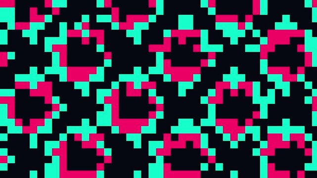 Vibrant pixelated geometric squares pattern featuring repeating circles in contrasting magenta and teal color tones