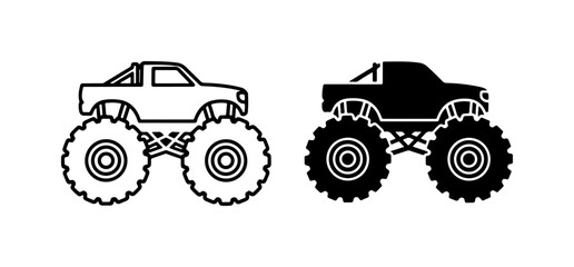 Monster Truck Icons, Off-Road Vehicle Silhouettes, Big Wheel Truck Graphics © Akash