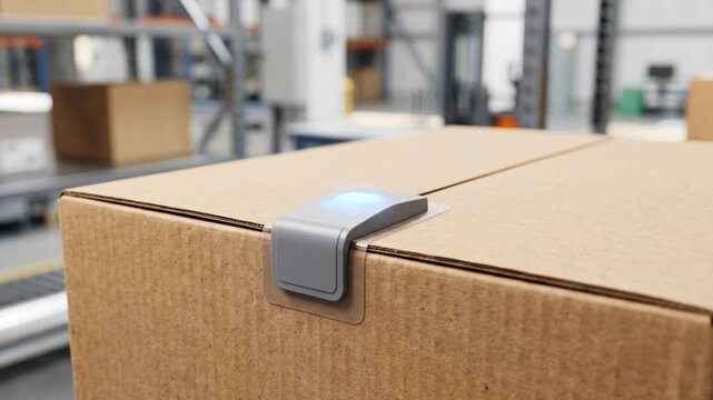 Innovative electronic sealing device with a glowing blue light attached to a cardboard package