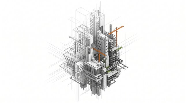 Floating Architectural Megastructure with Blueprint Overlays