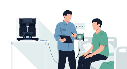 Fototapeta premium Doctor consulting patient with 3D printer and medical device screen